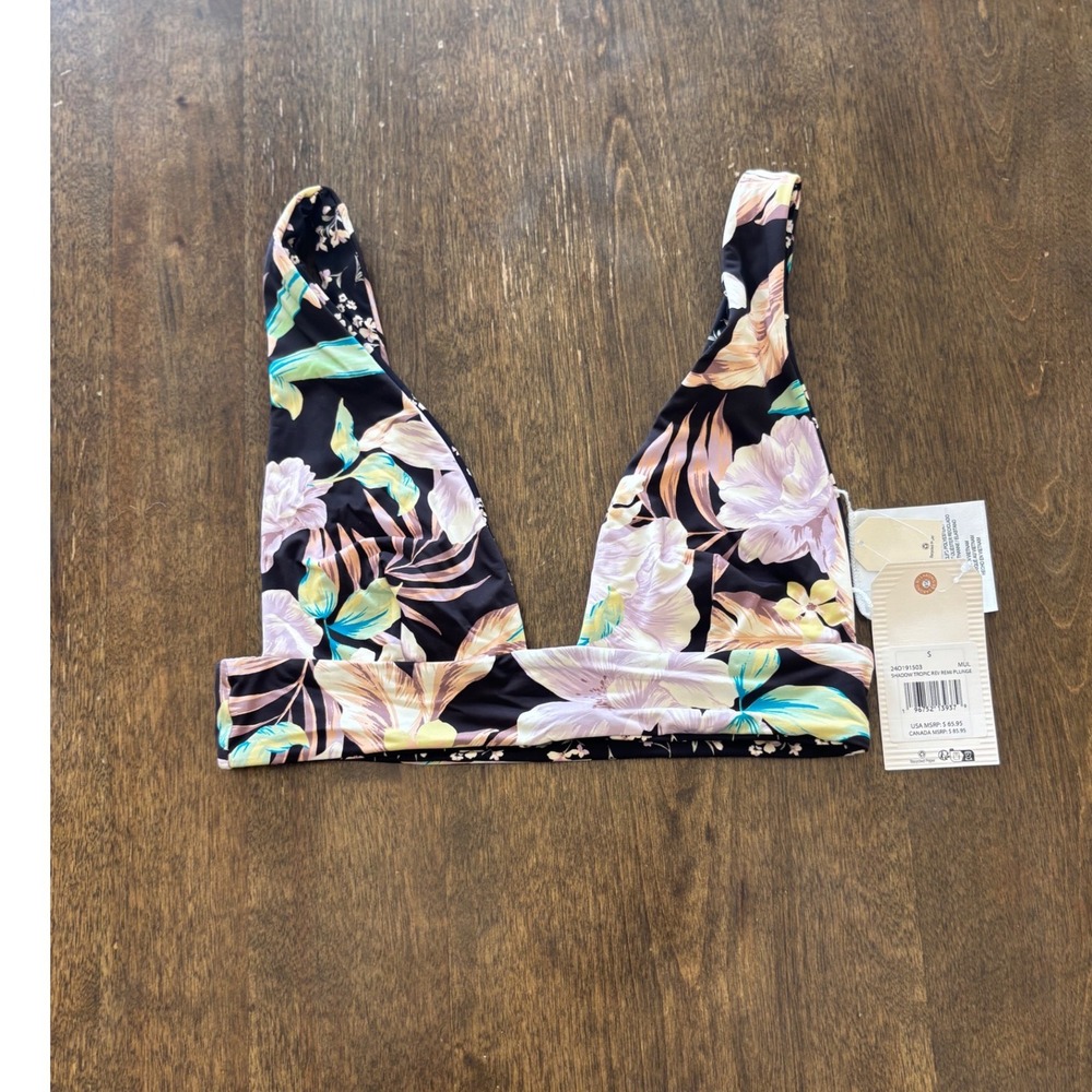 Billabong Shadow Tropic Reversible Remi Plunge Bikini Top Floral Black Small NWT